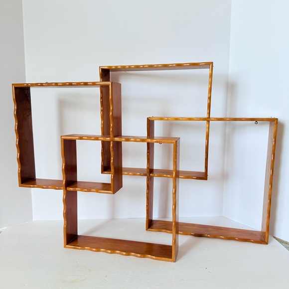 Vintage Interlocking Wood Wall Display Shelves Set of 4 MCM Retro Japan